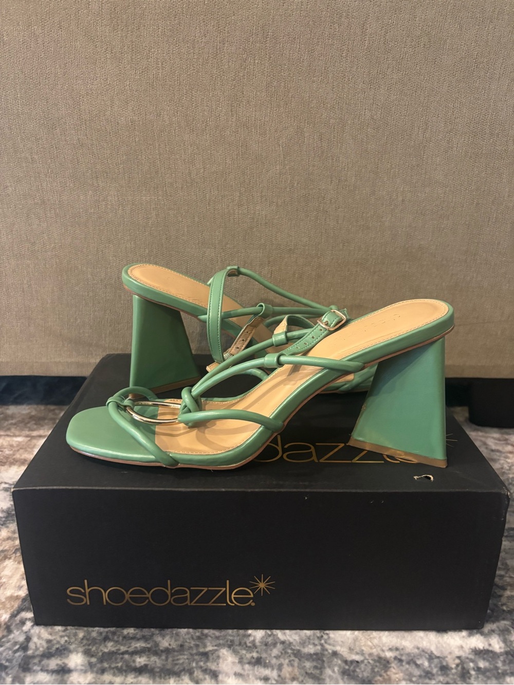 Shoe Dazzle Mint Green Strappy Sculpted Block Heels